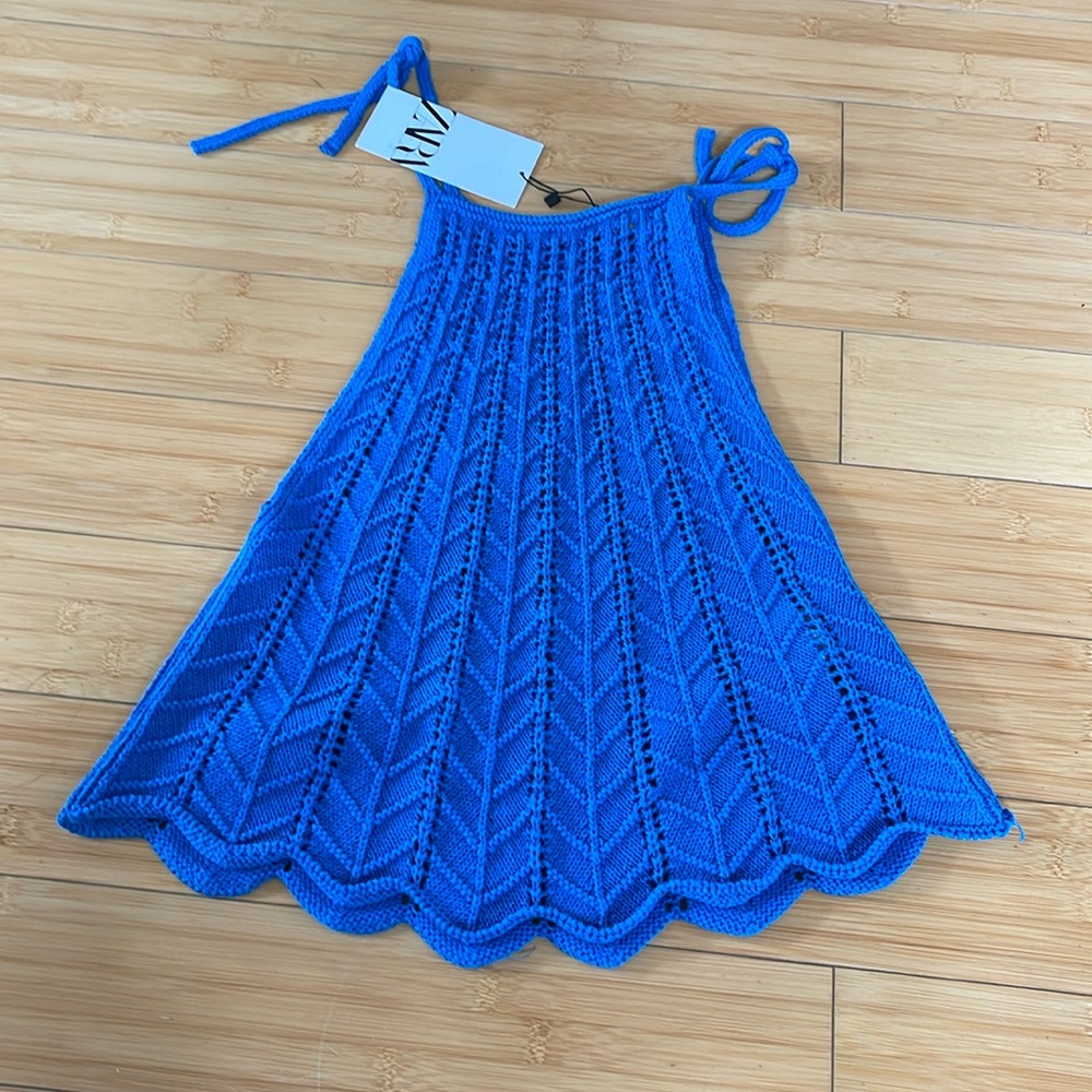 Women NWT Zara Cotton Knit Top Woven Blue Size Medium